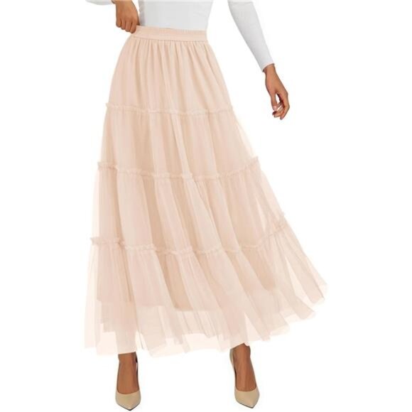 Tulle Skirts, Fashion Elastic High Waisted Skirt Apricot - Picture 1 of 6